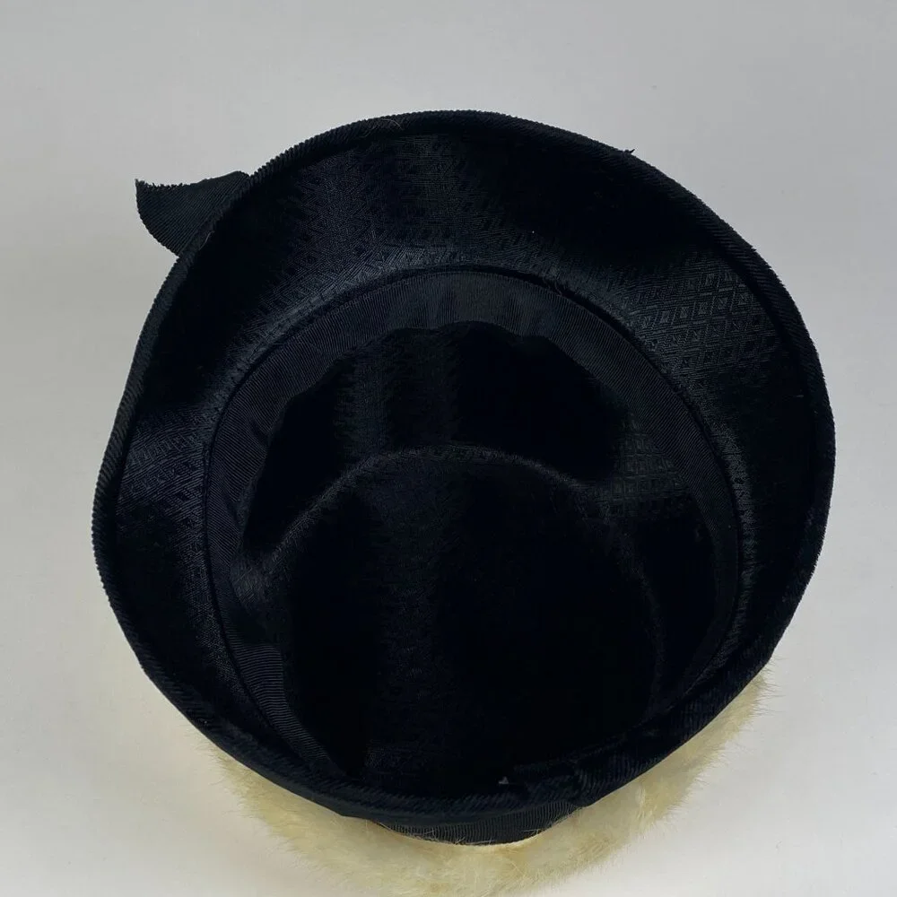 Vintage Genuine Rabbit Fur Black Velvet Cloche Hat Black Ribbon Accent